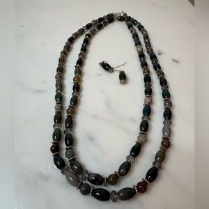 46” Double Strand Indian Agate Jasper Necklace & Matching Earrings Set